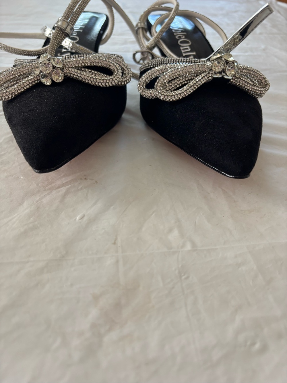 NWOT Noble Only Black Silver Rhinestone Bow Lace Up kitten Heel Sandals SZ 10 - Picture 8 of 15
